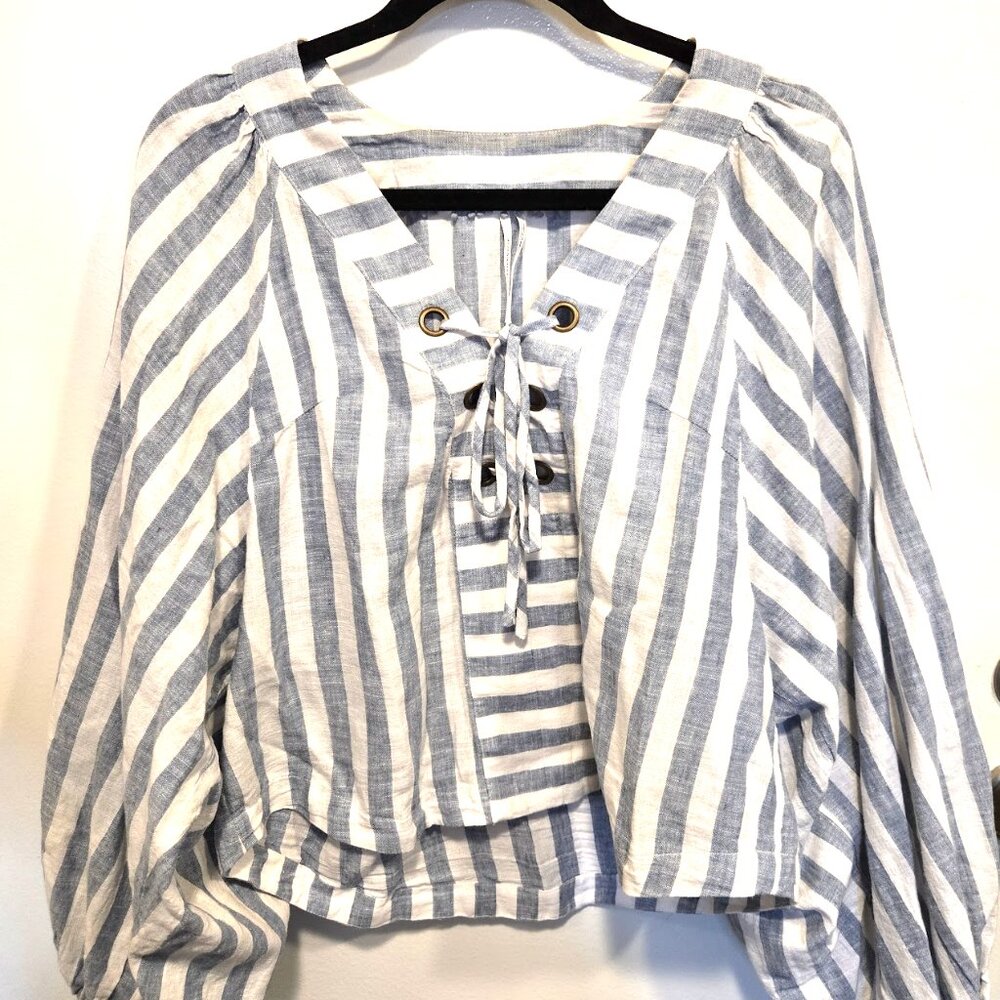 Anthropologie blue sailor stripe long bell sleeve tie front blouse size M